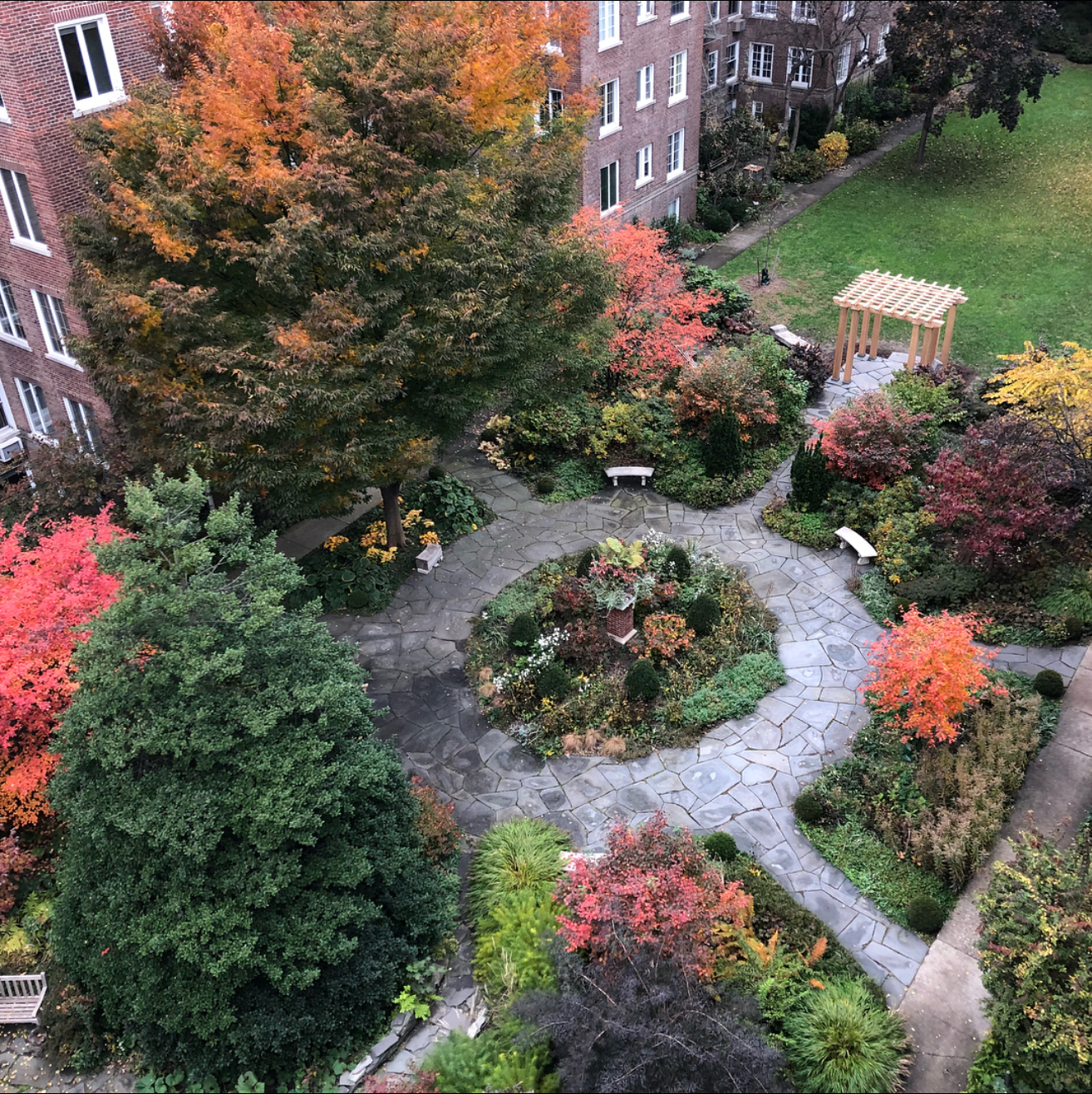 Aerial view of Hawthorne Court garden in autumn
